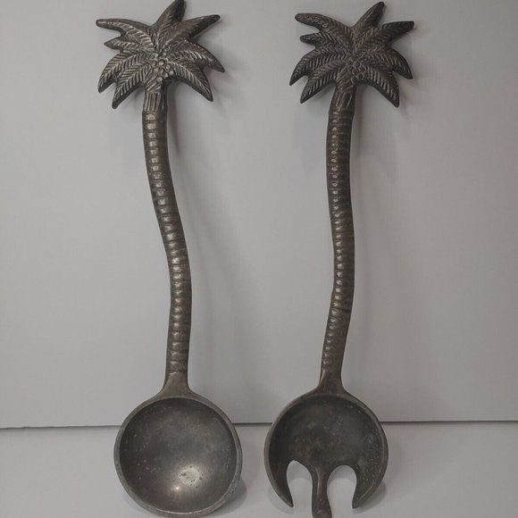 Vintage IHI India Cast Pewter Palm Tree Salad Serving Spoon & Fork Set 13" - Picture 1 of 7